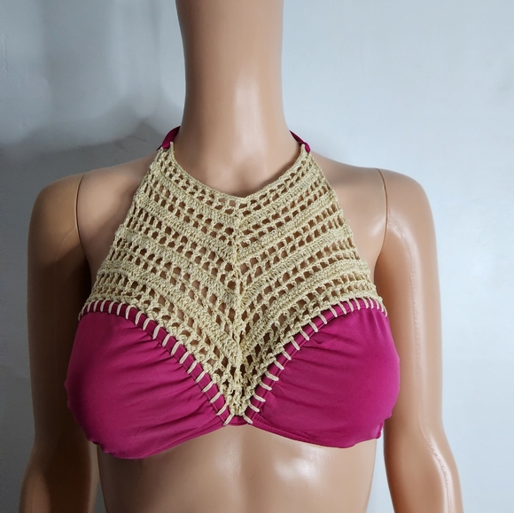 The Bikini lab bikini top fuscha/burgundy/purple with neutral crochet si… - Picture 2 of 9